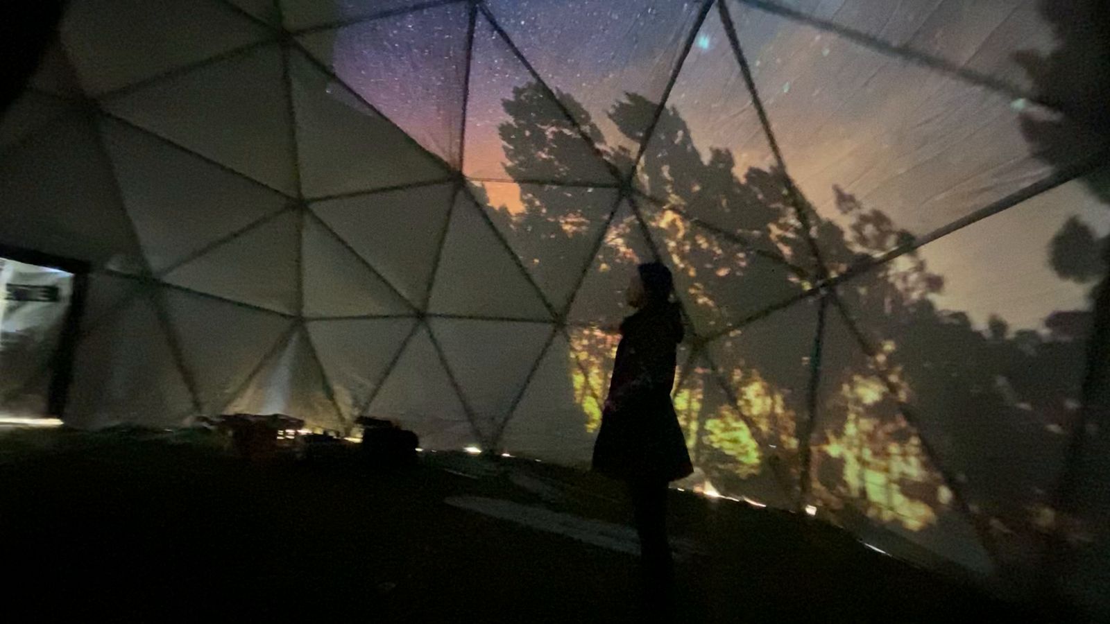 Projection immersive à 360° dans le dôme, une silhouette au premier plan
